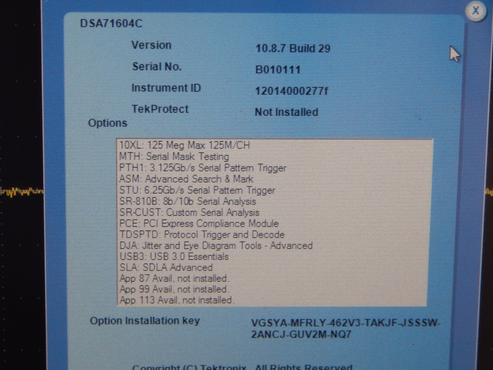 Tektronix DSA71604C 16Ghz 100GS/s Oscilloscope option loaded, s/n B010111 Tektronix DSA71604C 16Ghz 100GS/s Oscilloscope option loaded, s/n B010111